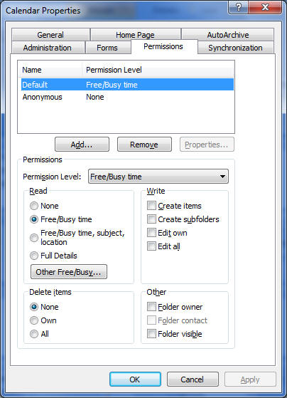 Outlook Calendar Permissions